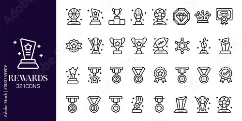 Reward and Loyalty Icon Set with Trophy, Badge, Coupon, Medal and Achievement Symbols Vector Collection