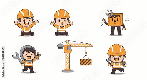 Cute Cartoon Construction Workers and Crane in Action.