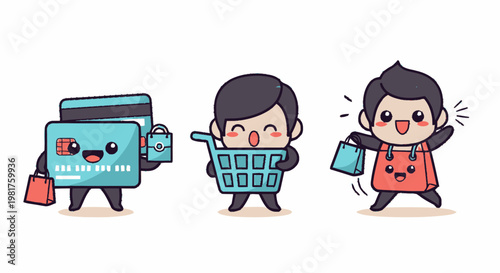 Cute cartoon characters representing shopping, credit cards, and retail.
