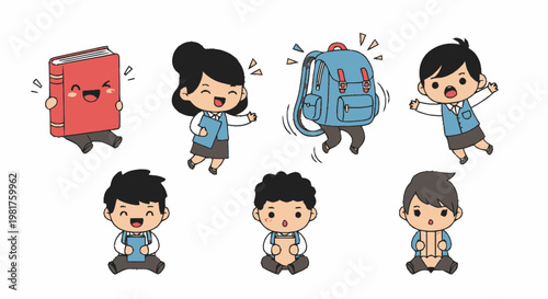 Cheerful cartoon students and school supplies in a fun illustration.