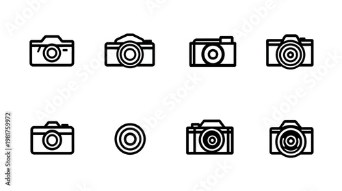Eight outlined camera icons of varying styles and perspectives on a white background