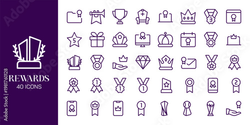 Reward and Loyalty Icon Set with Trophy, Badge, Coupon, Medal and Achievement Symbols Vector Collection