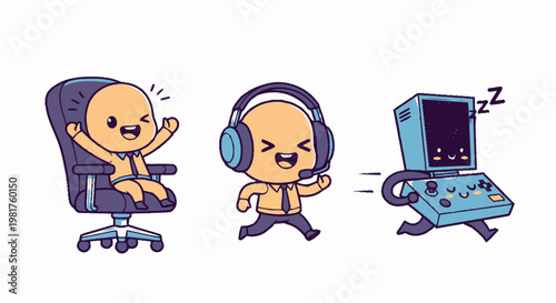 Cute Cartoon Characters Gaming, Cheering, and Running with Joy.