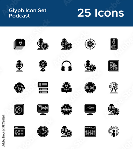 Podcast solid icons for media apps. Talk show and broadcasting glyph symbols