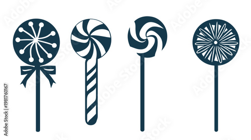 Four stylized lollipops with various swirl, floral, and striped designs, teal on white background