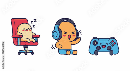 Cute Cartoon Characters Gaming, Sleeping, and Enjoying Music in Illustration.