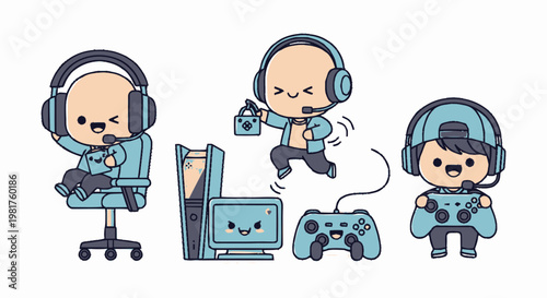 Cute Cartoon Characters Gaming with Controllers and Headsets.