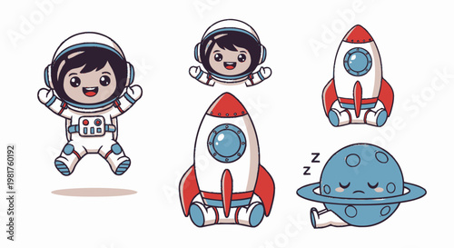 Cute Cartoon Astronauts and Rocket Ships in Space Exploration.