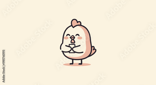Cute cartoon chicken character holding a cup of coffee, smiling happily.