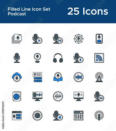 Digital podcast filled line icon pack for streaming dashboard. Audio program icons
