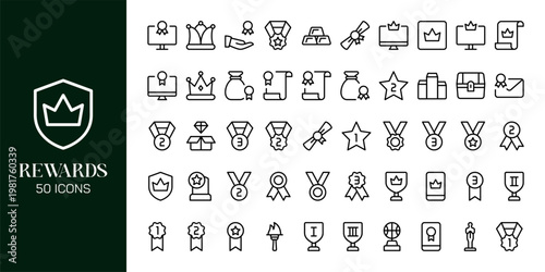 Reward and Loyalty Icon Set with Trophy, Badge, Coupon, Medal and Achievement Symbols Vector Collection