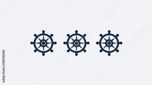 Three navy ship wheels aligned on a white background, nautical, steering symbols