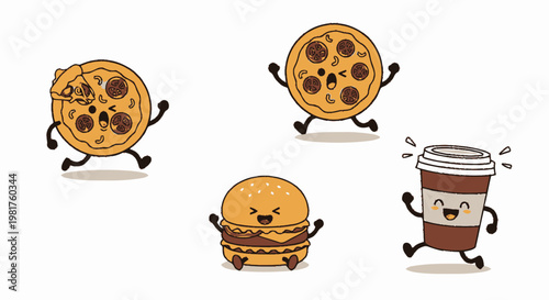 Cheerful Cartoon Food Characters Dancing and Smiling Happily Together.