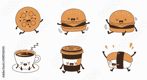 Delightful Cartoon Food Characters - Pizza, Burgers, Coffee, and Sushi.