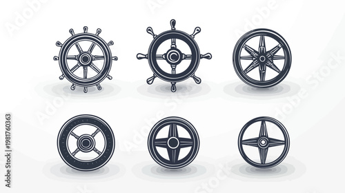 Six dark blue stylized vintage helm designs on a white background with soft grey shadows
