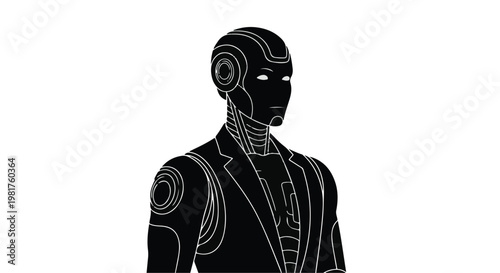 Robot in a formal suit stands as a futuristic portrait representing the integration of artificial intelligence into corporate leadership, professional services, and modern executive management.