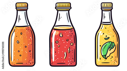 Three bottles filled with brightly colored liquids with white bubbles, hand-drawn style