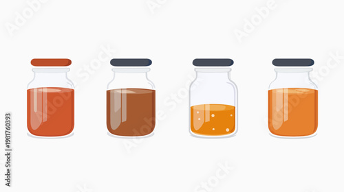 Four glass jars filled with varying levels of colorful liquid sit side-by-side