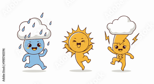 Cheerful Weather Characters - Rain Cloud, Sunshine, and Lightning Bolt.