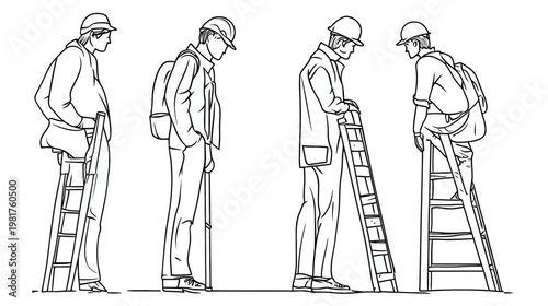 Line art of four workers on ladders, each wearing a helmet, in varied poses