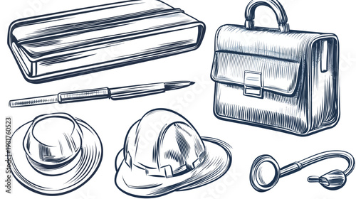 Work tools illustration in blue pen drawing style book, pen, briefcase, hat, stethoscope