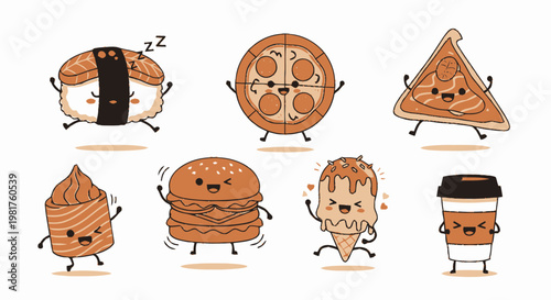 Delightful Cartoon Food Characters Smiling and Dancing Joyfully on White Background.