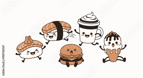Delightful Cartoon Food Characters Smiling and Dancing Joyfully Together.