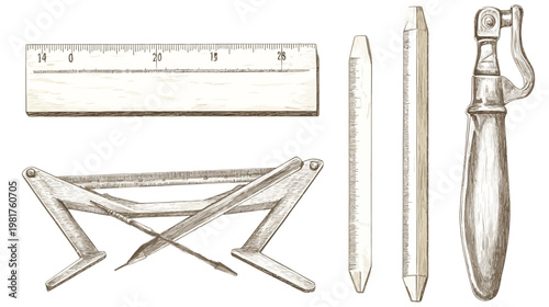 Antique measuring tools rule, dividers, plumb bobs; sepia toned graphic illustration