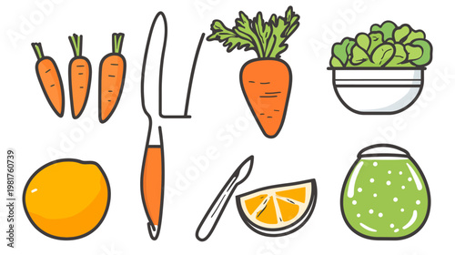 Cartoon illustration of vibrant produce alongside cutting tools, against a white backdrop
