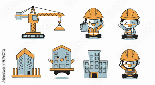 Cartoon Construction Workers and Buildings - A Fun and Friendly Illustration.