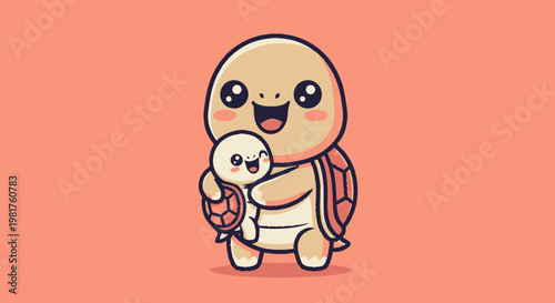Adorable Cartoon Turtle Character Holding a Baby Turtle with Joyful Expression.