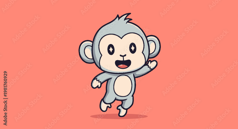 Fototapeta premium Cheerful Cartoon Monkey Waving Hand and Smiling Happily on Pink Background.