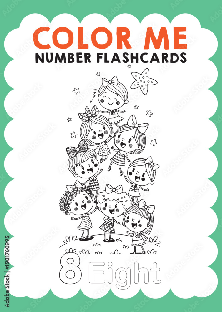 Fototapeta premium Color me number flashcards vector counting ten girls kids number kids kindergarten color maths activity worksheet