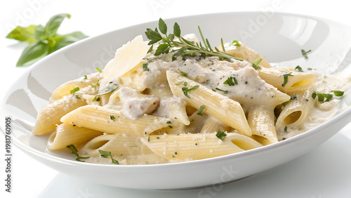 creamy pasta with penne noodles on isolated white background