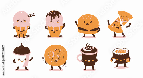 Delightful Cartoon Food Characters Smiling and Expressing Various Emotions.