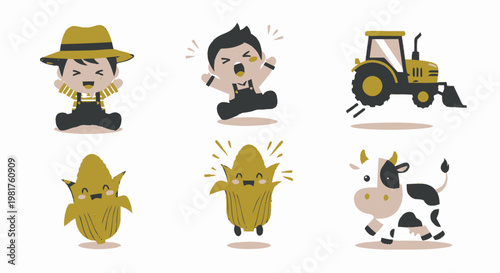 Cute cartoon farm character set with animals.