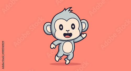 Cheerful Cartoon Monkey Waving Hand and Smiling Happily on Pink Background.