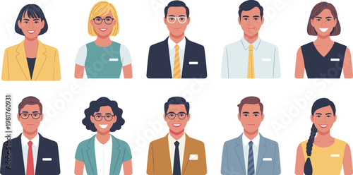 Professional business avatars collection, diverse corporate people portraits, modern flat illustration, office staff characters, smiling employees, workplace diversity, team identity design