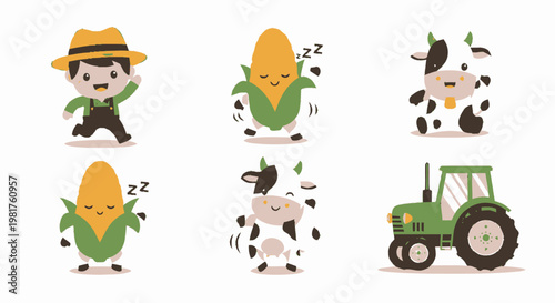 Cute cartoon farmer cow and corn characters with tractor.