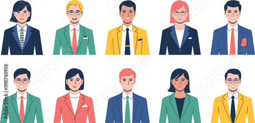 Diverse business people avatars set, professional team portraits, corporate characters illustration, modern flat style, office workers, smiling faces, diversity, teamwork