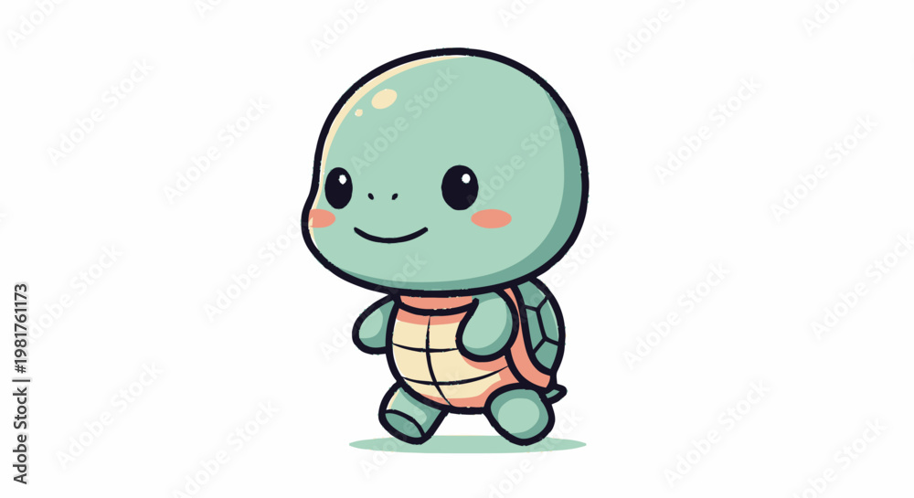 Fototapeta premium Adorable Cartoon Turtle Walking Happily on White Background.