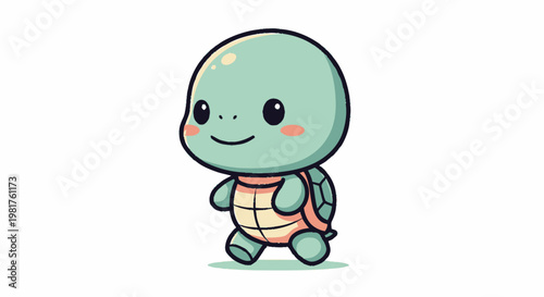 Adorable Cartoon Turtle Walking Happily on White Background.