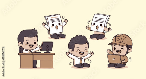 Cheerful Cartoon Office Workers Celebrating Success and Achievements.