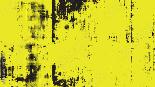 Old style black grunge texture with noisy distress overlay on yellow backdrop