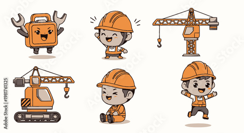 Cartoon Construction Workers and Tools in Playful Illustration.