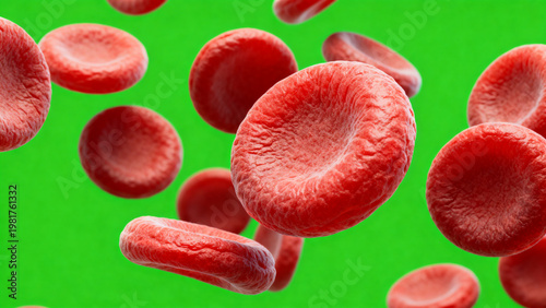 Microscopic 3d render of human red blood cells or erythrocytes floating in a group with high detail and realistic texture isolated on a solid bright chroma key green screen background