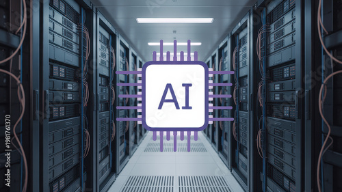AI Microchip In Data Center Server Room For Artificial Intelligence Concepts