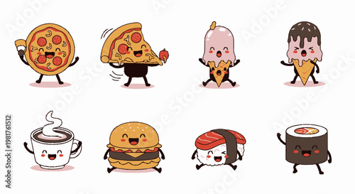 Delightful Cartoon Food Characters Smiling and Waving in a Row.