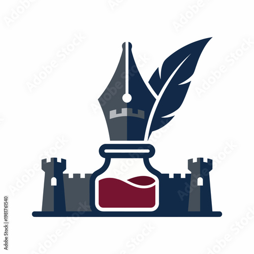 An artistic representation of a pen and inkwell set against a castle backdrop embodies creativity and imagination in writing. This represents the timeless art of storytelling.