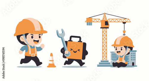 Cartoon Construction Workers with Tools and Crane in Action.